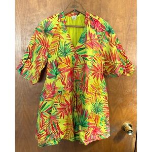 Magaschoni Linen Lime Green Puff Sleeve Babydoll Mini Dress A-Line Floral Palm